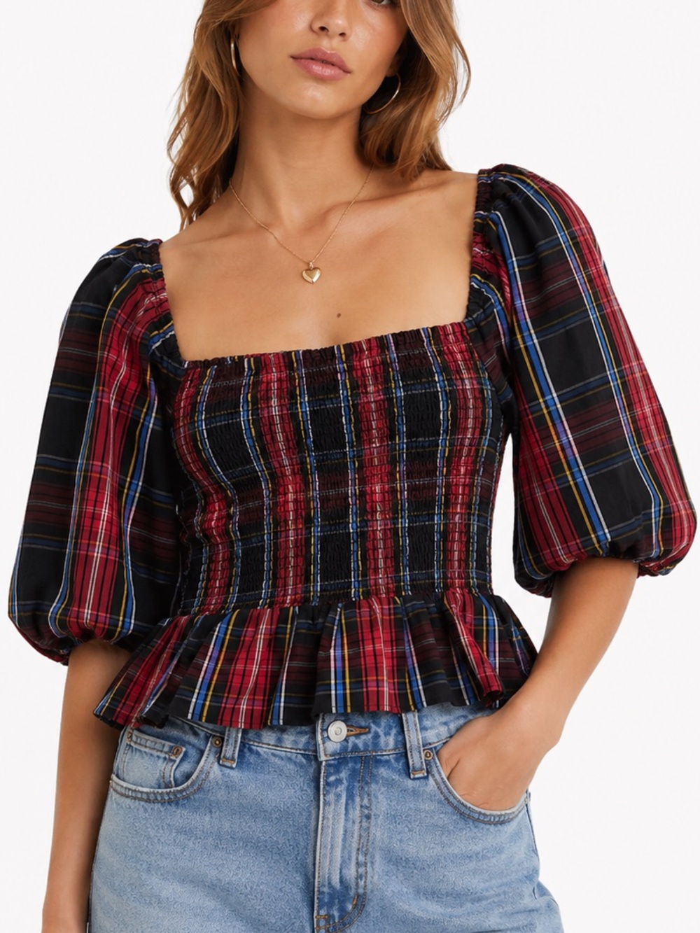 Draper James Red Plaid Smocked Peplum Puff Sleeve Top